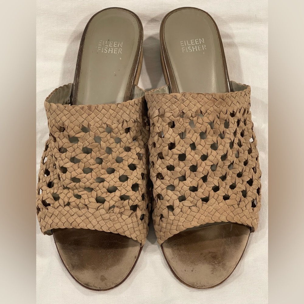 EILEEN FISHER OPEN TOE TAN WOVEN HONEYCOMB LEATHER SLIDES WOMENS SIZE 10